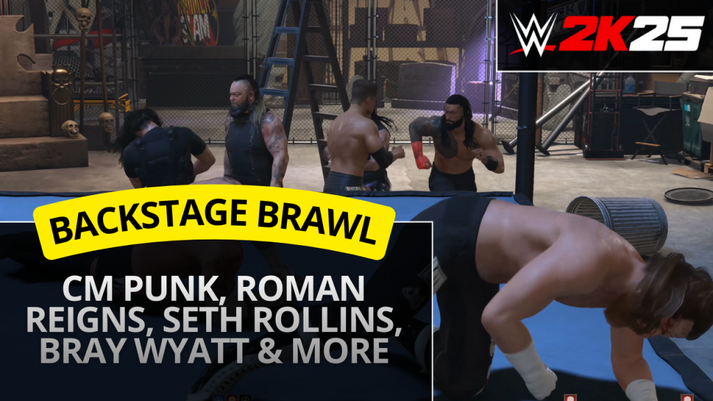WWE 2K25 8 Man Brawl featuring CM Punk Roman Reigns Seth Rollins Bray Wyatt and others