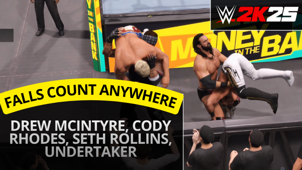 WWE 2K25 Falls Count Anywhere match featuring Drew McIntyre Cody Rhodes Seth Rollins and Undertaker